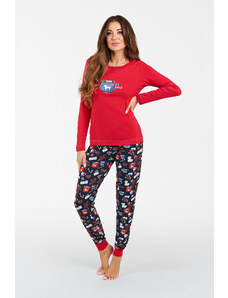 Italian Fashion Makala dámske pyžamo dlhý rukáv, dlhé nohavice - červená/potlač
