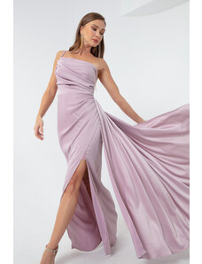 Lafaba Dámske fialové saténové večerné šaty na jedno rameno a maturitné šaty