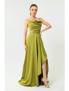Lafaba Dámske pistáciové zelené saténové šaty s rozparkom a maturitné šaty