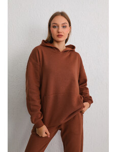 BİKELİFE Women's Brown Oversize Raised Three Thread Hooded Sweatshirt