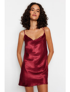Trendyol Premium Burgundy Satin Heart Patterned Degaje Collar Woven Nightgown