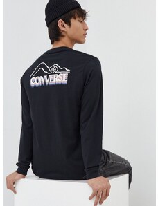 Bavlnené tričko s dlhým rukávom Converse čierna farba, s potlačou