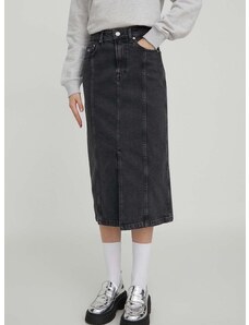 Rifľová sukňa Tommy Jeans čierna farba, midi, rovný strih
