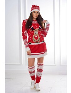 MladaModa Vianočný set sveter + čiapka + nadkolienky model 1006 červený