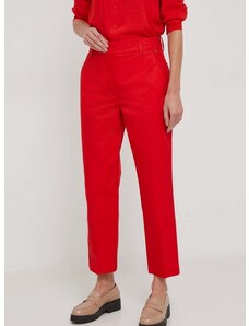 Nohavice Tommy Hilfiger dámske, červená farba, rovné, vysoký pás, WW0WW40504