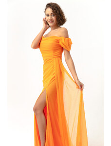 Lafaba Women's Orange Boat Collar Draped Long Glittery Evening Dress with a Slit.