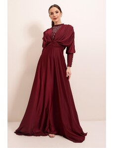 By Saygı Saténové dlhé šaty s naberanými rukávmi, detailom na gombíky, vpredu s podšívkou a korálkami