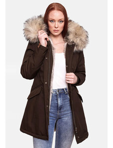 Navahoo Cristal dámska zimná bunda s kapucňou a kožušinou, dark choco