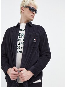 Manšestrová košeľa Tommy Jeans čierna farba, voľný strih, s klasickým golierom, DM0DM18324