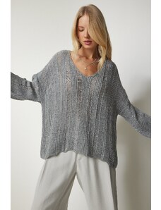 Happiness İstanbul Women's Gray Torn Detailed Oversized Knitwear Sweater