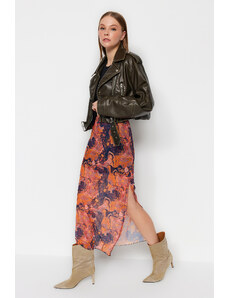 Trendyol Collection Oranžová vzorovaná maxi dĺžka čipka detailná tylová strečová pletená sukňa