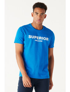 AC&Co / Altınyıldız Classics pánske saské modré slim fit tričko Slim Fit Crew krk 100% bavlnený slogan s potlačou.