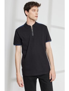 ALTINYILDIZ CLASSICS Pánske čierne tričko slim fit Slim Fit Polo Neck s krátkym rukávom Bavlnené tričko.