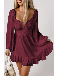 Romantické tmavočervené šaty s volánmi a naberanými rukávmi LC6113268-103