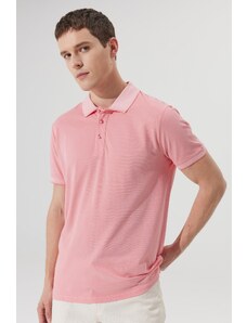 AC&Co / Altınyıldız Classics Pánske tričko s nezmršťovacou bavlnenou tkaninou Slim Fit Slim Fit ružovo-biele polotričko s polo výstrihom.