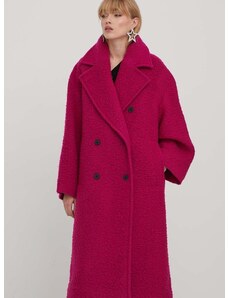 Vlnený kabát HUGO ružová farba, prechodný, dvojradový