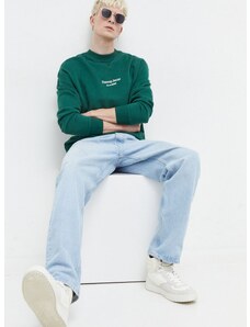 Bavlnená mikina Tommy Jeans pánska, zelená farba, s nášivkou, DM0DM18411