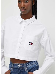 Bavlnená košeľa Tommy Jeans dámska, biela farba, voľný strih, s klasickým golierom, DW0DW17345