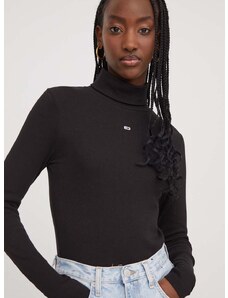 Tričko s dlhým rukávom Tommy Jeans dámsky,čierna farba,s rolákom,DW0DW17388
