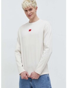 Bavlnené tričko s dlhým rukávom HUGO béžová farba,s nášivkou,50511038