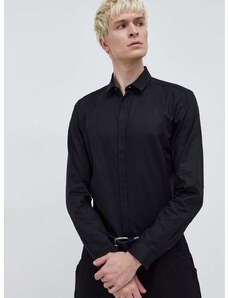 Bavlnená košeľa HUGO pánska,čierna farba,slim,s klasickým golierom,50508324
