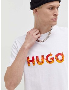 Bavlnené tričko HUGO pánsky, béžová farba, s potlačou, 50504542