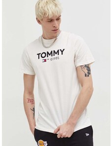 Bavlnené tričko Tommy Jeans pánsky, béžová farba, s potlačou, DM0DM18264