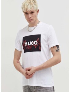 Bavlnené tričko HUGO pánsky, biela farba, s potlačou, 50506989