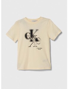 Detské bavlnené tričko Calvin Klein Jeans béžová farba, s potlačou