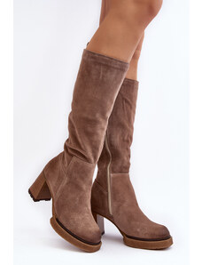 Kesi Women's suede boots with high heels above the knee, brown Lemar Ceraxa