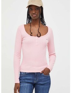 Tričko s dlhým rukávom Tommy Jeans dámsky,ružová farba,DW0DW17390