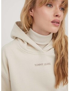 Bavlnená mikina Tommy Jeans dámska, béžová farba, s kapucňou, s nášivkou, DW0DW17329