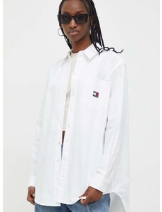 Bavlnená košeľa Tommy Jeans dámska,biela farba,voľný strih,s klasickým golierom,DW0DW17351