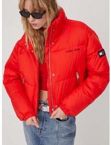 Bunda Tommy Jeans dámska, červená farba, zimná, oversize, DW0DW17503