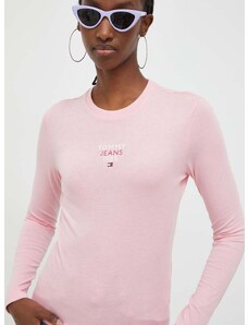 Tričko s dlhým rukávom Tommy Jeans dámsky,ružová farba,DW0DW17358