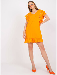 Fashionhunters Oranžové šaty s volánom a aplikáciami na rukávoch