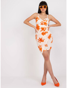Fashionhunters Béžovo-oranžové mini šaty jednej veľkosti s kvetinovou potlačou