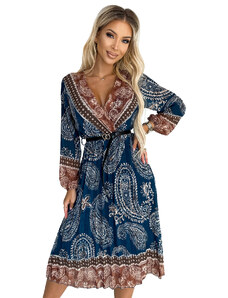 numoco basic Plisované dámské midi šaty s výstřihem, dlouhými rukávy, černým opaskem a se světle modro-hnědým vzorem 510-1