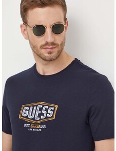 Bavlnené tričko Guess pánsky, tmavomodrá farba, s potlačou, M4RI33 J1314