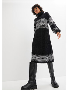 bonprix Pletené šaty po kolená, s nórskym vzorom a balónovými rukávmi, farba čierna, rozm. 52/54