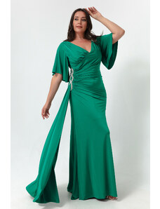 Lafaba Dámske zelené večerné šaty s krátkym rukávom a dlhým rozparkom veľkej veľkosti