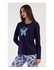Vienetta Secret Dámske pyžamo dlhé Motýľ, farba tmavě modrá, 100% bavlna
