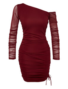Trendyol Burgundy Fitted Lined Knitted Tulle Dress