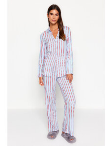 Trendyol Collection Súprava tkaného pyžama z viskózovej košele a nohavíc s detailným modrým pruhovaným rozparkom