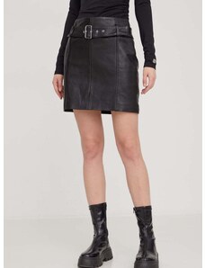 Kožená sukňa HUGO čierna farba,mini,rovný strih,50504797