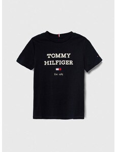 Detské bavlnené tričko Tommy Hilfiger tmavomodrá farba, s potlačou