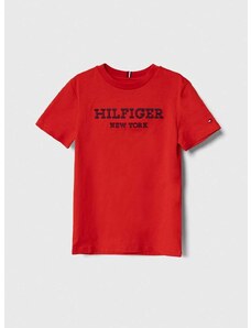 Detské bavlnené tričko Tommy Hilfiger červená farba, s nášivkou