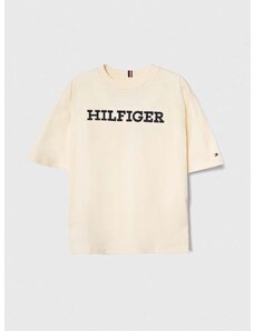 Detské bavlnené tričko Tommy Hilfiger béžová farba, s nášivkou