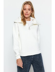 Trendyol Ecru Zipper Standing Collar Thick Fleece Inside Regular Fit Knitted Sweatshirt