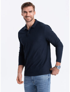Ombre Clothing Pánske tričko s dlhým rukávom a golierom - tmavomodré V3 OM-POBL-0114